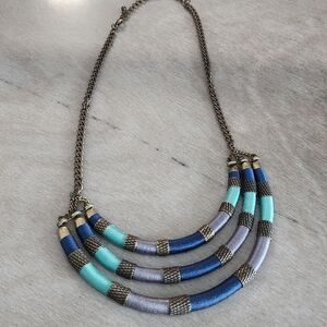 Multilayered Bohemian Statement Necklace in Teal, Blue, and Grey